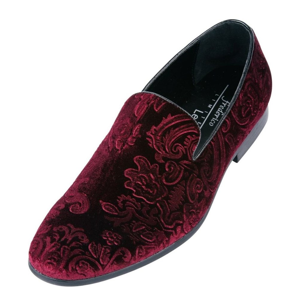 FREDERICO LEONE RED VELVET JACQUARD PRINT SILP-ON TUX SHOE